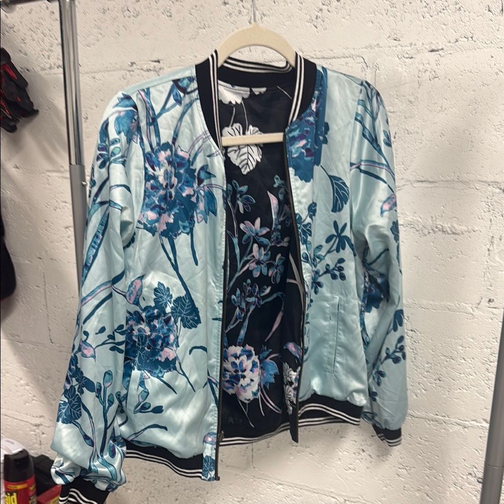 Floral Satin Bomber Jacket Blue REVERSIBLE - Excellent Condition - Size Small